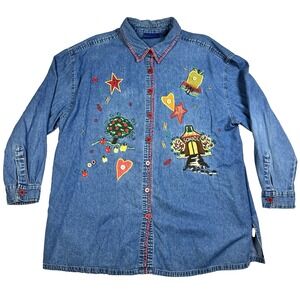VTG Womens CST Blues Denim Button Up Shirt Long Sleeve School Teacher Size 1X